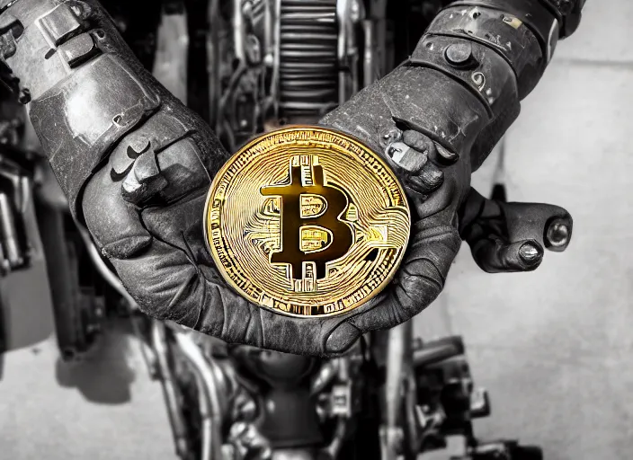 Image similar to mechanical cybernetic hand holding a bitcoin. centered. horror cyberpunk dystopia style. highly detailed 8 k. intricate. nikon d 8 5 0 3 0 0 mm. award winning photography.