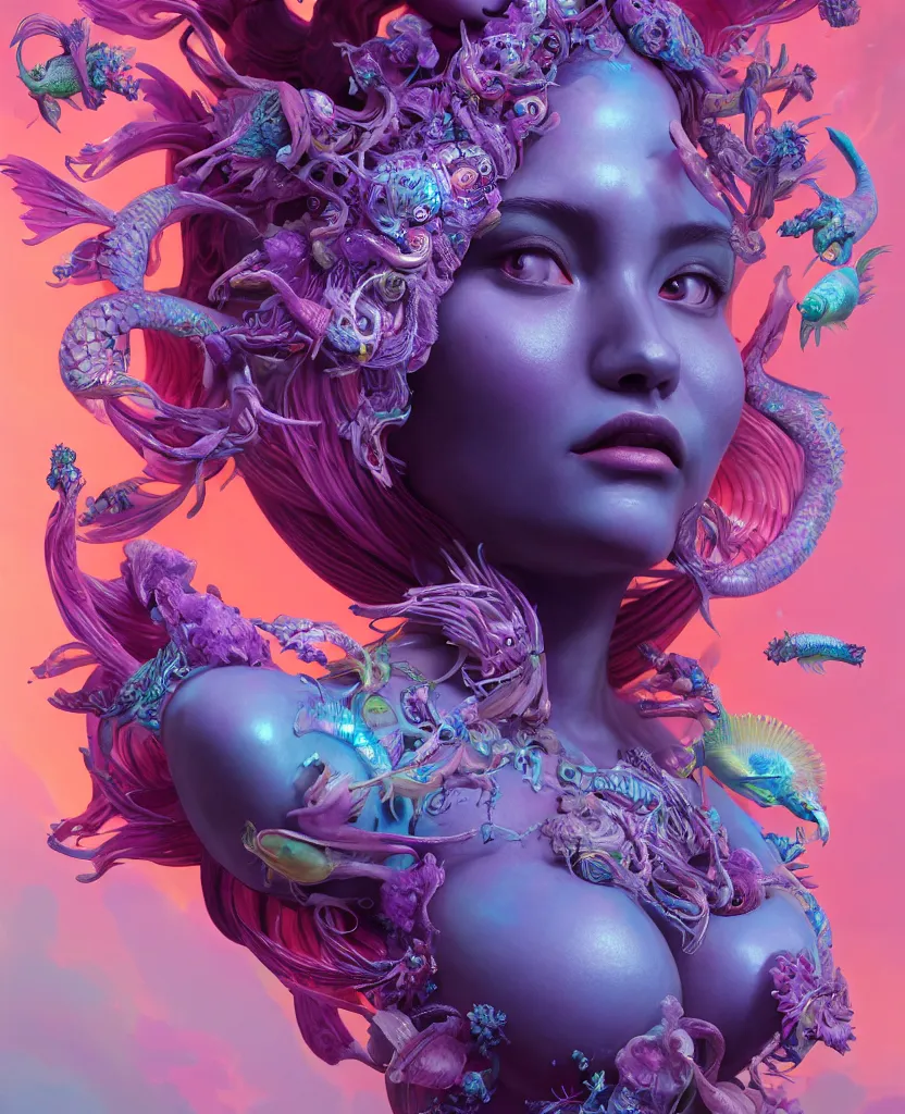 Image similar to goddess full color painted acryllic sculpture close-up portrait. orchid bird phoenix head, nautilus, skull, betta fish, bioluminiscent creatures, intricate artwork by Tooth Wu and wlop and beeple. octane render, trending on artstation, greg rutkowski very coherent symmetrical artwork. cinematic, hyper realism, high detail, octane render, 8k