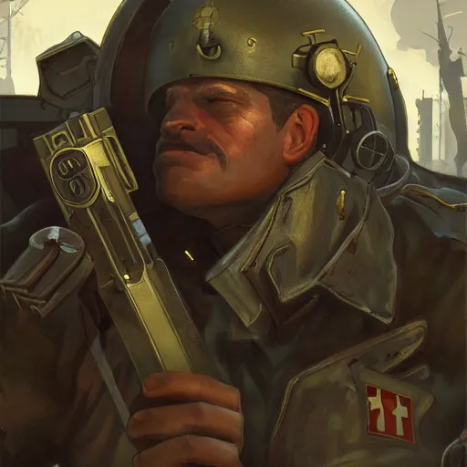 Prompt: fallout 2 anclave soldier, socialist realism, highly detailed, digital painting, artstation, sharp focus, illustration, art by tan zi and ayanamikodon and alphonse mucha and wlop