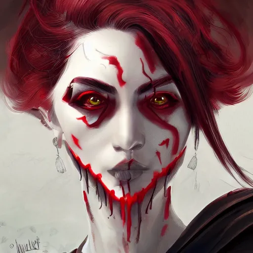 Prompt: Portrait of a vampire, highly detailed, digital painting, concept art, smooth, sharp focus, illustration, strong lines and bold colors, atmosphere and tension, Japanese, trending on artstation