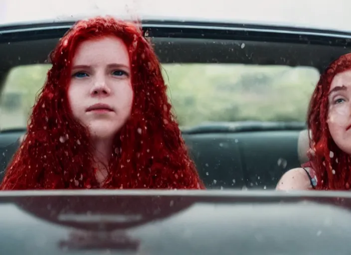 Image similar to A very high resolution image from a new movie, inside of a car, teen red hair woman, raining, hot, directed by wes anderson