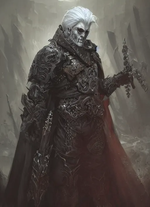 Prompt: An epic fantasy comic book style portrait painting of a supreme necromancer warlord with white hair , with many undead and skeleton warriors around him, painted by dreadjim and craig mullins, greg rutkowski, unreal 5, octane render, cosplay, RPG portrait, dynamic lighting