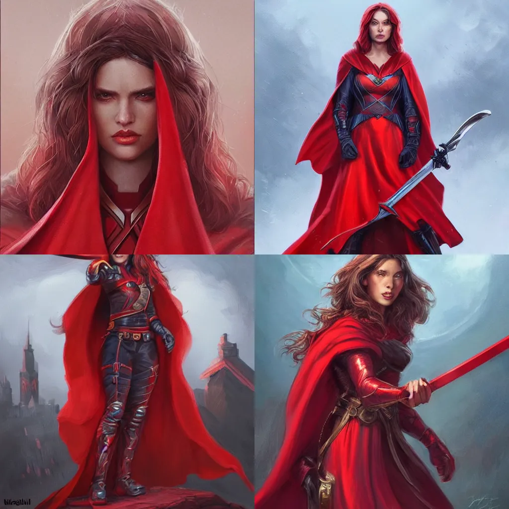 Prompt: a woman in a red cape holding a sword, a character portrait by magali villeneuve, featured on artstation, fantasy art, detailed painting, official art, storybook illustration