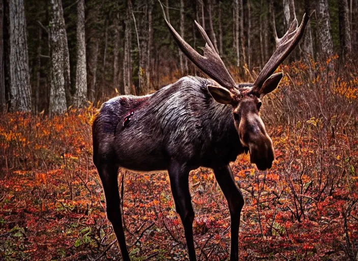 Image similar to an award winning photo of an! undead!!! zombie!! moose with red eyes, full body portrait, decay, mold, evening!! in the forest, 4 k, wildlife photography, high quality, national geographic