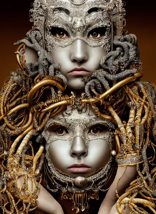 Image similar to hyperrealism, detailed textures, award winning photo, symetrical japanese medusa queen autochrome portrait, silverplate, intricate, detailed facial animal mask, golden jewelery, silverplate, ultra realistic, cinematic, intricate, cinematic light by steve mccurry, unreal engine 8 k