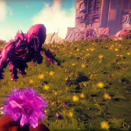 Prompt: corrupted sentinel enjoying picking up flower on infested planet