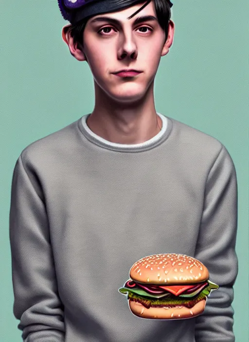 Image similar to portrait of teenage jughead jones wearing a light grey crown, photorealistic, crown, sweater with letter s on it, hamburger, eyes closed, crown, black hair, intricate, elegant, glowing lights, highly detailed, digital painting, artstation, concept art, smooth, sharp focus, illustration, art by wlop, mars ravelo and greg rutkowski