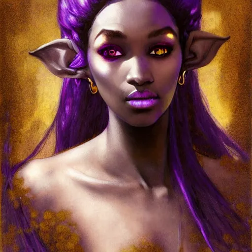 Image similar to half length portrait of a beautiful female drow elf warlock, black skin, violet magic, royo, klimt, miro, vallejo, frazetta, alphonse mucha, greg rutkowski, whealan