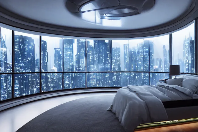 Image similar to a futuristic bedroom with large curved ceiling high windows looking out to a far future cyberpunk cityscape, cyberpunk neon lights, raining heavily with electric storm, scifi