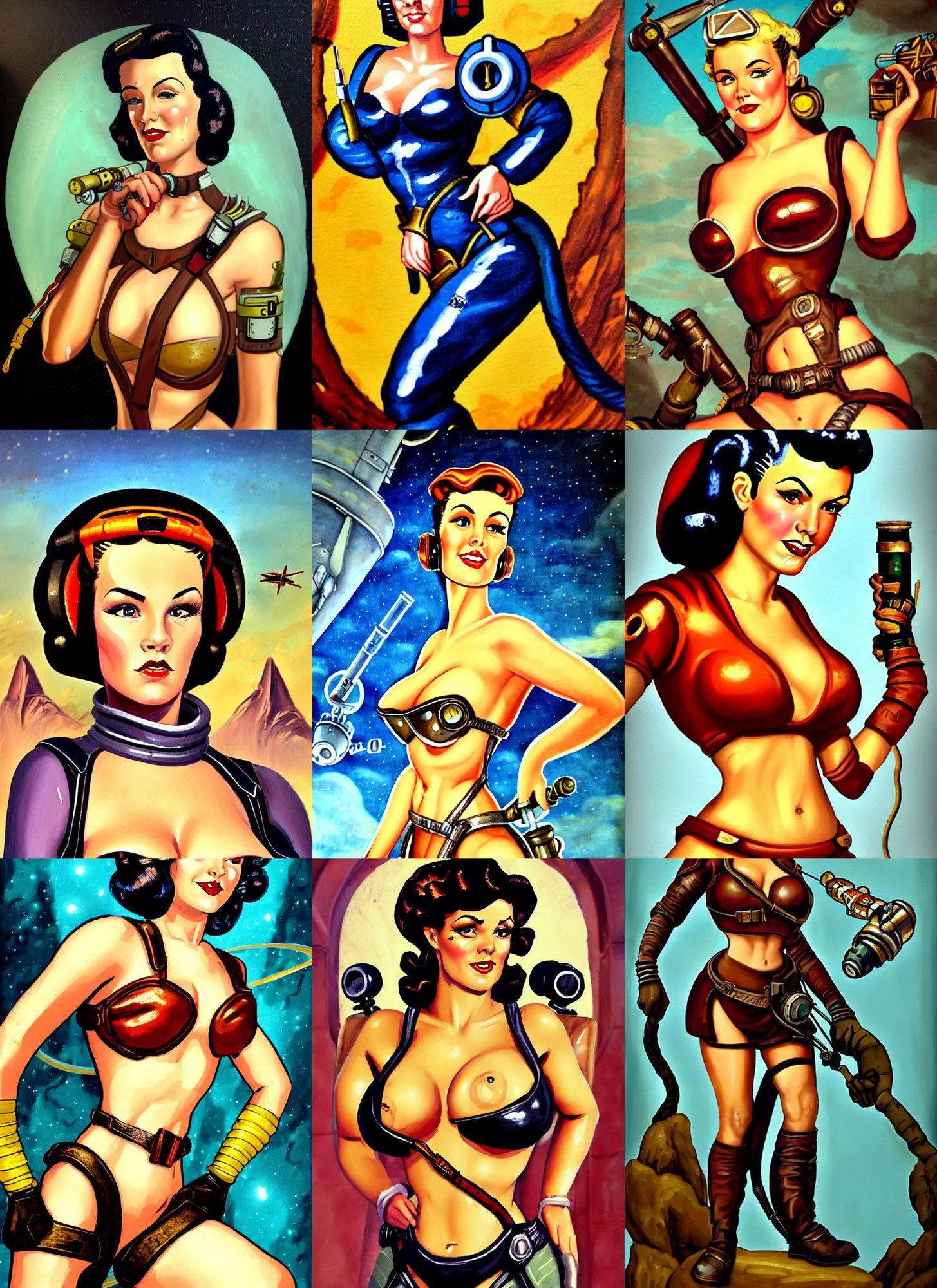 Image similar to fresco secco painting of a d & d style retro sci - fi pilot pinup, beautiful face and wearing full detailed clothing