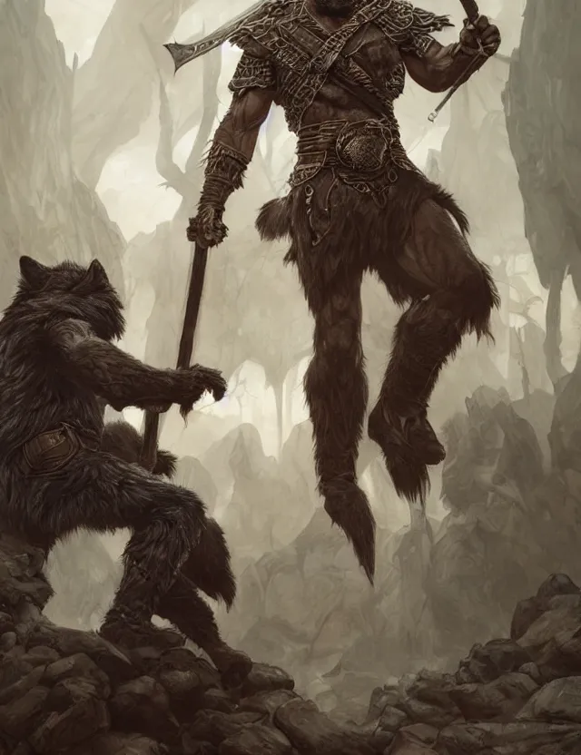 Image similar to portrait of a gruff ranger with a spear, accompanied by a black wolf, muscular, handsome face, hairy body, D&D, fantasy, intricate, elegant, highly detailed, digital painting, artstation, concept art, matte, sharp focus, illustration, art by Artgerm and Greg Rutkowski and Alphonse Mucha