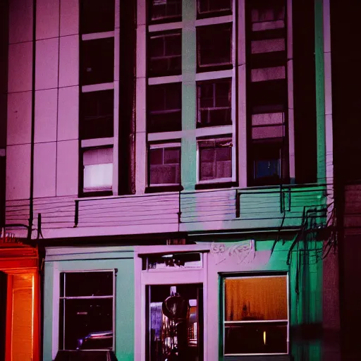Image similar to now we creep through streets every night, through the windows, leaning out the sides. colored gel lighting, portra, film grain, 2 5 mm, anamorphic, downtown oakland. photographed by grant spanier for i - d.