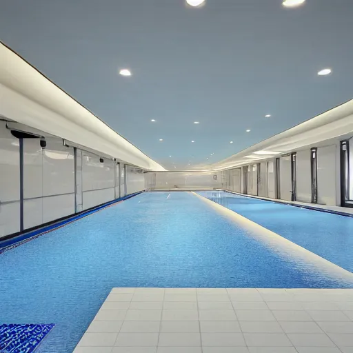 poolrooms, modern indoor pool, grey tiling, liminal, Stable Diffusion