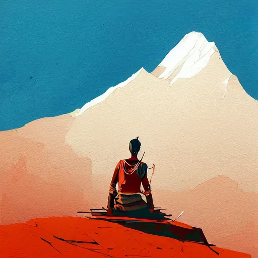 Image similar to painting of a lonesome warrior at the peak of himalayas, style of conrad roset