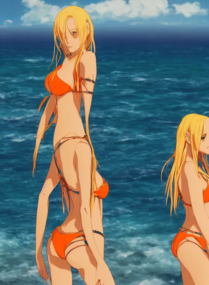 Prompt: beautiful blond woman in orange tribal bikini, long blond hair behind the ear, by makoto shinkai, 8 k, high resolution render, cinematic color grading, clean lineart and flat color,