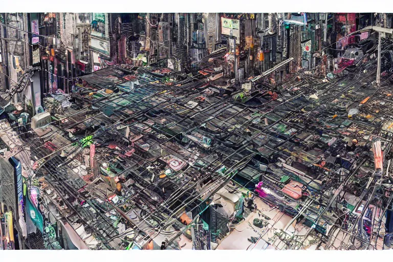 Image similar to an extremely beautiful cyberpunk illustration of parts of female androids' bodies scattered across an empty white background with cables and wires coming out, by katsuhiro otomo and masamune shirow, hyper-detailed, colorful, bird view