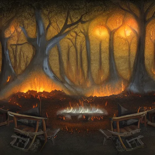 Prompt: concept art of a druidic village surrounded by trees made of obsidian and flames for leaves, dark fantasy, eerie, at dusk, slightly hazy, digital painting, large fire pit