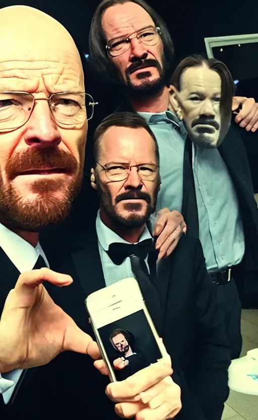 Prompt: img _ 1 4 2 4. jpg. walter white and john wick selfie. candid, looking at camera, snapchat, instagram, hashtags, accidental selfie, front camera, tiktok, popular, realistic, real life