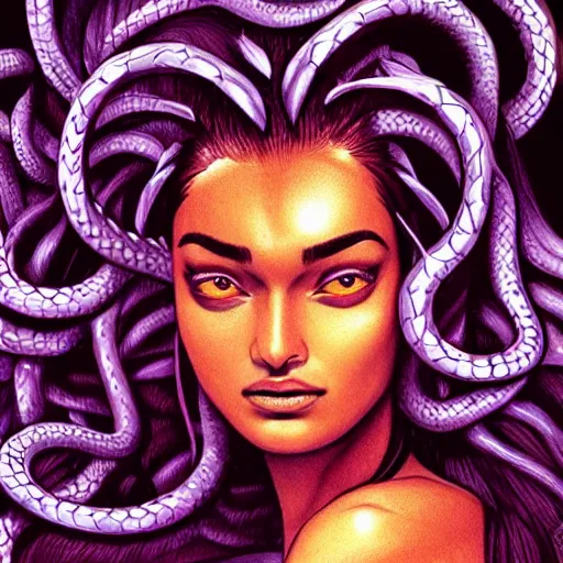 Image similar to Shanina Shaik as Medusa, snakes for hair, highly detailed, digital painting, artstation, concept art, smooth, sharp focus, illustration, art by Chris Achilleos, in the style of Medusa (1988) by Chris Achilleos.