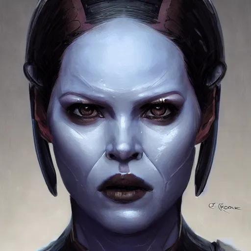 Image similar to portrait of a female Twi'lek by Greg Rutkowski, blue skin, she is about 30 years old, wearing black sith uniform, Star Wars Expanded Universe, highly detailed portrait, digital painting, artstation, concept art, smooth, sharp foccus ilustration, Artstation HQ