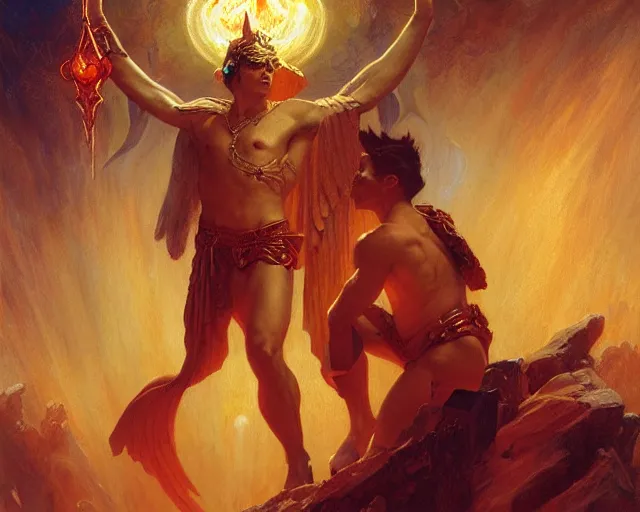 Image similar to attractive male deity, casting demonic magic, summoning handsome lucifer morning star. highly detailed painting by gaston bussiere, craig mullins, j. c. leyendecker 8 k