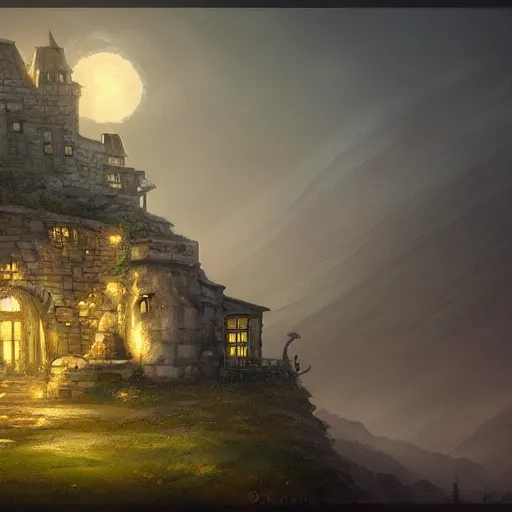 Prompt: Hilltop House, Jordan Grimmer, fantasy city, fantasy kunst, fantasy castle, fantasy house, architecture mystery, artstation