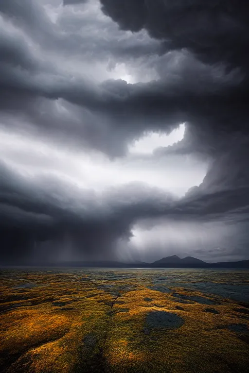 Image similar to a stunning landscape by daniel kordan, stormy weather, extreme detail photo quality, dark moody colors, featured on behance