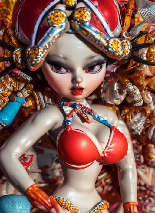 Image similar to closeup of a tin toy bikini girl, depth of field, zeiss lens, detailed, symmetrical, centered, fashion photoshoot, by nicoletta ceccoli, mark ryden, lostfish, earl nore, hyung tae, frank frazetta, breathtaking, 8 k resolution, extremely detailed, beautiful, establishing shot, artistic, hyperrealistic, octane render