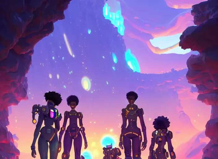 Prompt: afro - futurist settlers exploring deep caverns on an alien planet with golden iridescent stalactites and stalagmites, glowing ore | hyperrealistic digital painting by makoto shinkai, ilya kuvshinov, lois van baarle, rossdraws | afrofuturism in the style of hearthstone and overwatch, trending on artstation