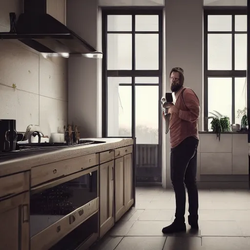 Prompt: man standing in kitchen late at night eating biscuits and drinking red wine, realistic artstyle, wide shot, dramatic lighting, octane render, hyperrealistic, high quality, highly detailed, hd, beautiful, cinematic, 8 k, unreal engine, facial accuracy, symmetrical