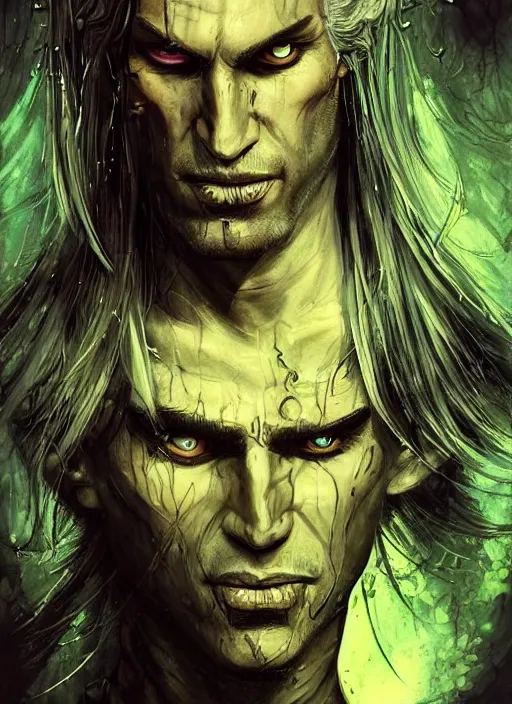 Image similar to a Demon Slayer portrait of Geralt of Rivia, tall, pale-skinned, slender with lime green eyes and long eyelashes by Stanley Artgerm, Tom Bagshaw, Arthur Adams, Carne Griffiths, trending on Deviant Art, street art, face enhance, chillwave, maximalist, full of color, glittering