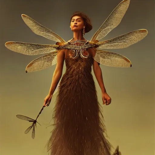 Image similar to brown woman wearing a dragonfly armor. iridiscent. extremely photorealistic. super detailed. layered. textured. award winning. dispersion of light. refracted lighting. soft. fragile. by ray caesar. by louise dahl - wolfe. by andrea kowch. by tom bagshaw. surreal photoraphy