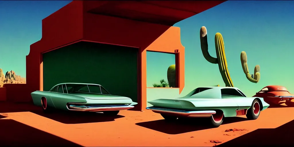 Image similar to a cinematic matte painting of a sleek 1 9 6 0 s vaporwave retro - futurism sci - fi car in a cluttered garage in the american southwest. cactus. by eric lafforgue, glennray tutor and edward hopper, greg rutkowski. trending on artstation.