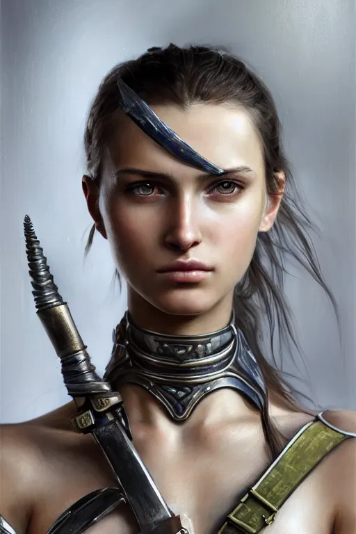 Prompt: a photorealistic painted portrait of an attractive young girl, partially clothed in dull metal-plated battle armor, olive skin, long dark hair, beautiful bone structure, symmetric facial features, facial markings, perfect photorealistic eyes, natural physique, intricate, elegant, digital painting, concept art, finely detailed, beautifully illustrated, sharp focus, minimal artifacts, from Metal Gear, by Ruan Jia and Mandy Jurgens and Artgerm and William-Adolphe Bouguerea, in the style of Greg Rutkowski, trending on Artstation, award winning