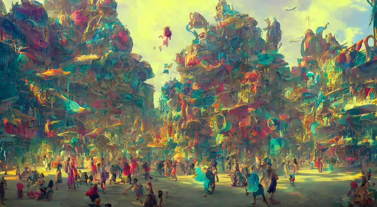 Image similar to bazaar zouk oriantal multicolorful sky shine place mosquet painting, sunny day, matte painting, bold shapes, hard edges, street art, trending on artstation, by huang guangjian and gil elvgren and sachin teng