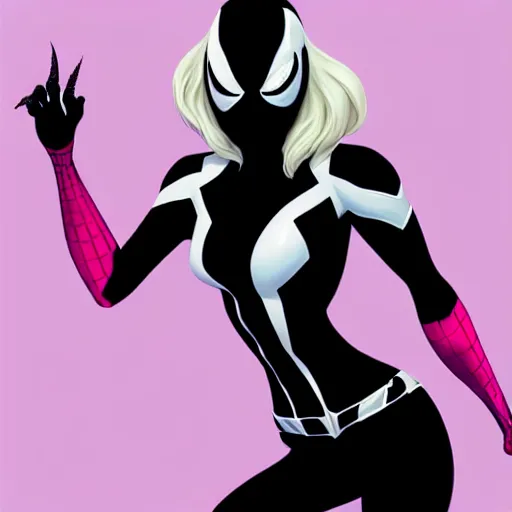 Prompt: gorgeous female Emma Stone as Spider-Gwen as venom, realistic character concept, medium shot, evil pose, comic book, illustration, slender symmetrical body, artstation, cinematic lighting, hyperdetailed, Tom Bagshaw, Joshua Middleton, Gottfried Helnwein, Rafeal Albuquerque comic, single face, insanely detailed and intricate, dark and smokey background