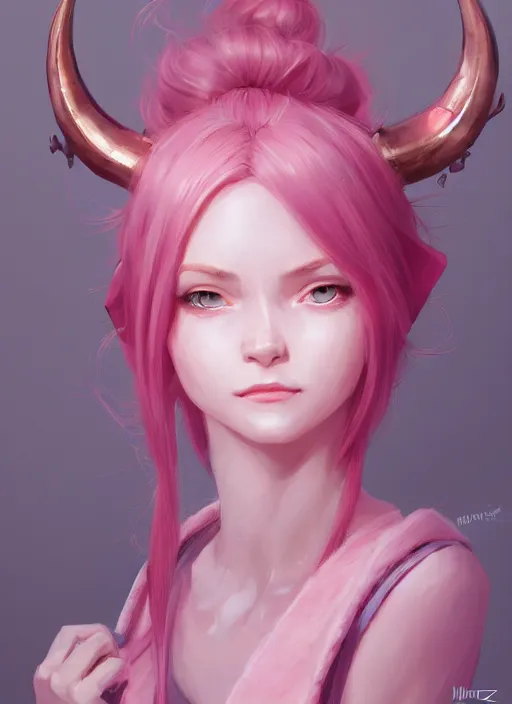 Image similar to a highly detailed illustration of cute smug pink haired pale girl with curved horns wearing oversized pink hoodie, dramatic smirk pose, intricate, elegant, highly detailed, centered, soft light, character design, cushart krenz, digital painting, artstation, concept art, smooth, sharp focus, league of legends concept art, wlop.