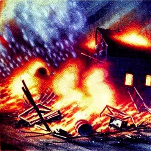 Image similar to color photo from the 80s, the shelling of a house in New York by Soviet soldiers, epic style, a bunch of explosions, realistic style