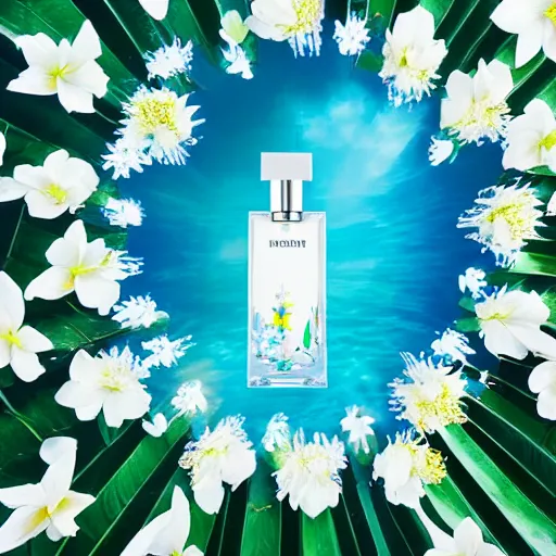 Prompt: centered bright perfume bottle standing in clear blue rippling water surrounded by a plethora of white flowers and tropical leaves and fauna upfront, with dreamy bright blue sky and clouds in the background, illumination lighting, sharp focus, surreal photography, vogue, hartper's bazaar, sephora,