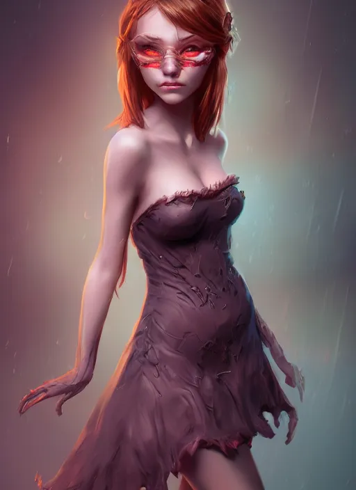 Image similar to beautiful fashion cute imp demon female strapless dress, character portrait in the style of thomas river and artgerm, wlop, cinematic lighting, hyperdetailed, 8 k realistic, symmetrical, global illumination, radiant light,, frostbite 3 engine, cryengine, dof, trending on artstation, digital art, chanel