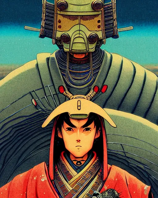 Image similar to anime samurai, character portrait, portrait, close up, concept art, intricate details, highly detailed, vintage sci - fi poster, in the style of chris foss, rodger dean, moebius, michael whelan, and gustave dore