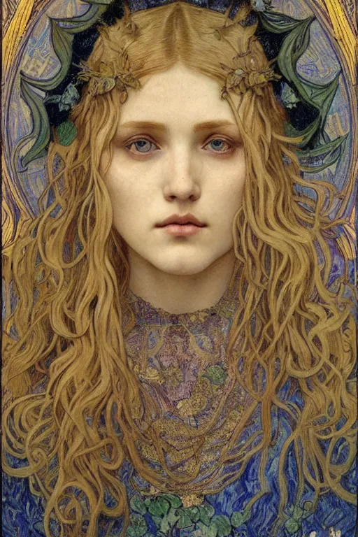 Image similar to detailed realistic beautiful young medieval queen face portrait by jean delville, alphonse mucha, vincent van gogh, and marco mazzoni, art nouveau, symbolist, visionary, gothic, pre - raphaelite