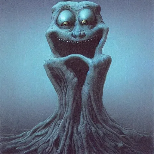 Prompt: smurfs beksinski, eldritch, terrifying, creepy creature, horror spooky