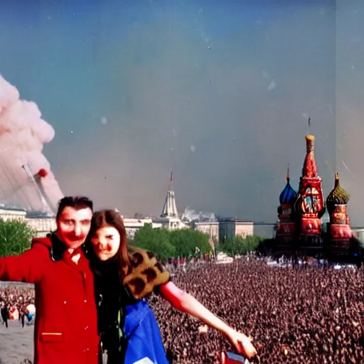 Image similar to the last selfie taken in russia red square, nuclear war, nuclear explosions, russian flag in flames, russian flag burning, terrible mutations and injuries, with a nuclear explosion next to it destroying everything in a second