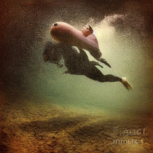 Image similar to Underwater photograph of a man swimming away in panic, being chased by a perry submarine, digital art