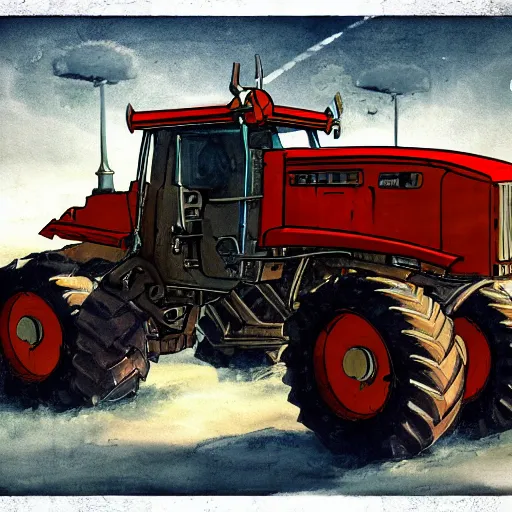 Image similar to Old tractor, Battletech mech art, digital painting, white background