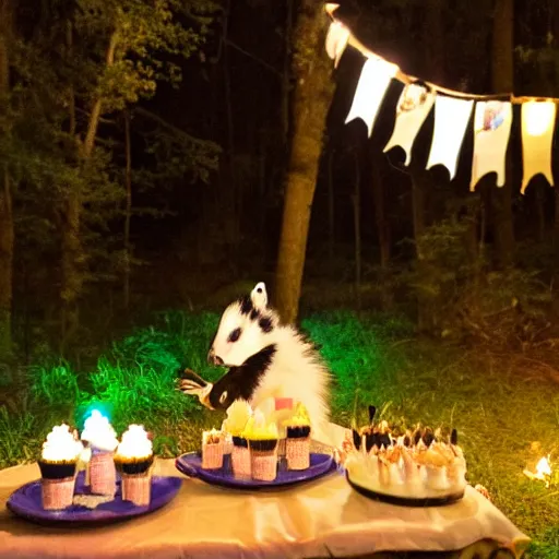 Image similar to photo of skunk birthday party in the woods at night