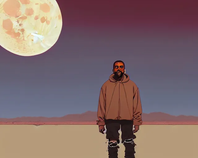 Image similar to a study of cell shaded cartoon of kanye west on a desert road, in front of a big moon illustration, wide shot, muted colors, post grunge, concept art by josan gonzales and wlop, david rubin, mike mignola, laurie greasley, highly detailed, sharp focus, trending on artstation, hq, deviantart, art by artgem