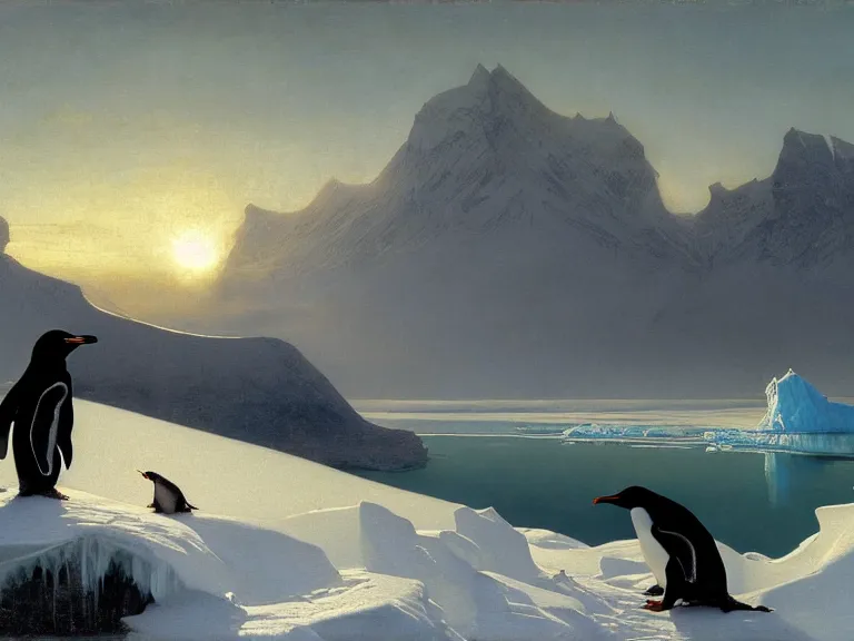 Image similar to an oil painting of a penguin next to a frozen ocean and a misty glacier at dusk. aurora. by tuomas korpi moebius and carl spitzweg. baroque elements. intricate artwork by caravaggio. oil painting. oil on canvas. award winning. dramatic. trending on artstation. 8 k