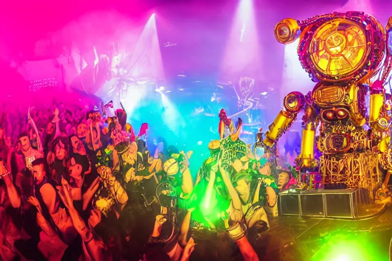 Prompt: scene is elrow party in privilege in ibiza, portrait photo of a giant huge golden and blue metal steampunk robot, with gears and tubes, eyes are glowing red lightbulbs, shiny crisp finish, 3 d render, 8 k, insaneley detailed, fluorescent colors, haluzinogetic, background is multicolored lasershow